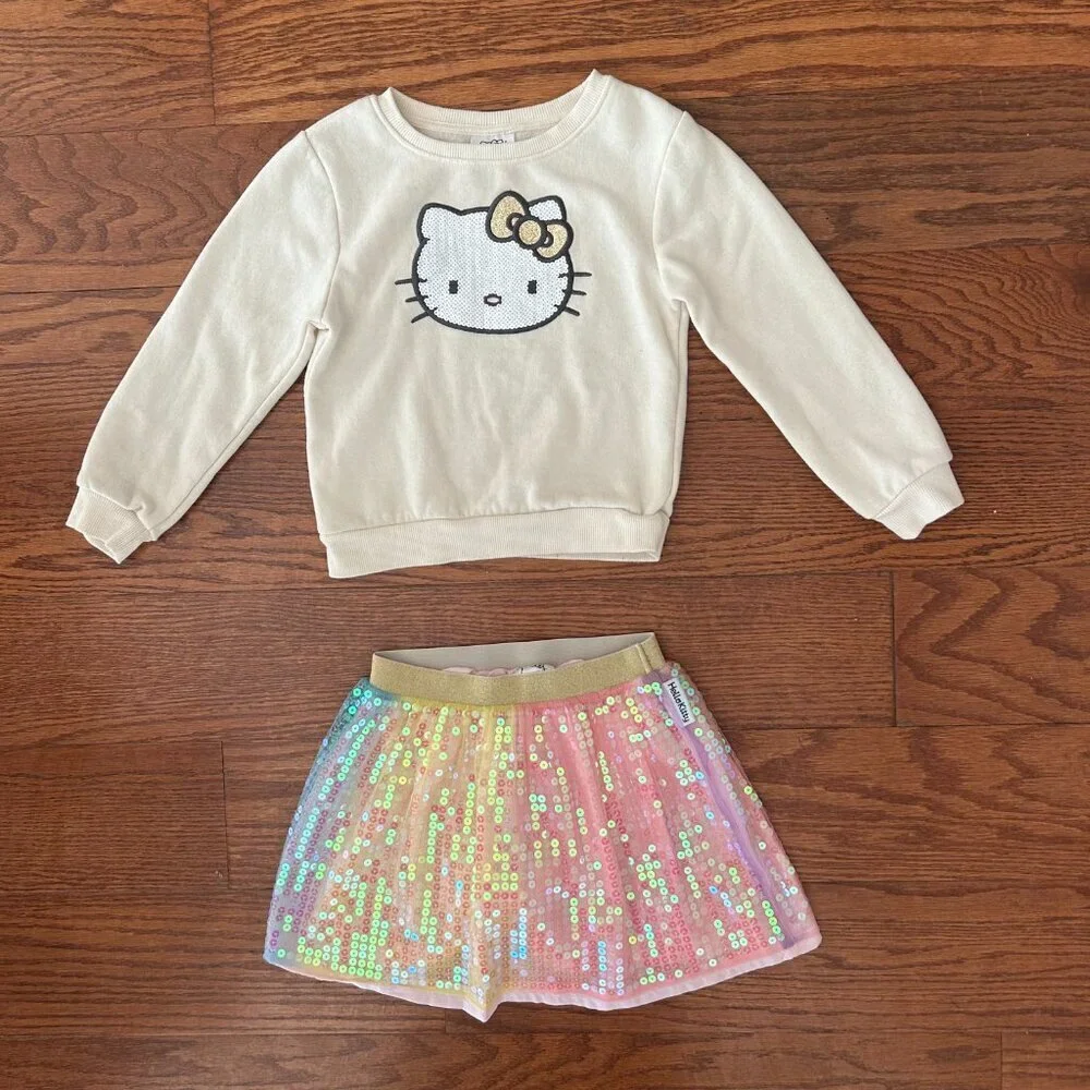 Hello Kitty Girls Size 5 Size 6 Fleece Sweatshirt Matching Sequin Skirt Outfit